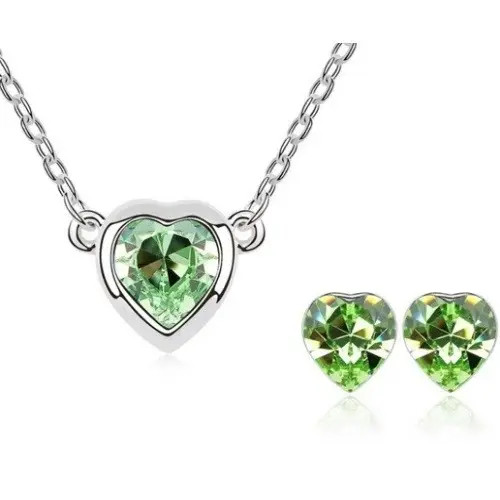  Súprava šperkov v tvare srdca, Peridot zelená, zdobená kryštálmi Swarovski