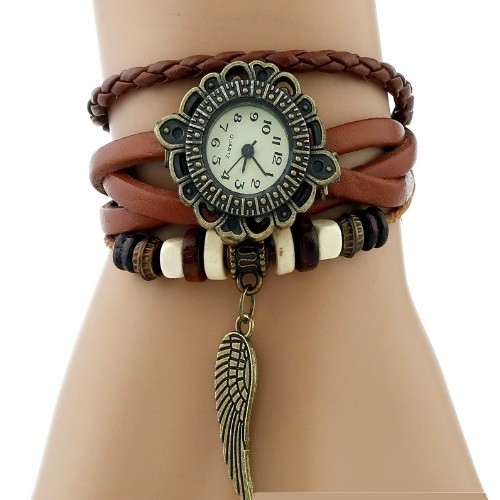  Kožený dámsky náramok hodiniek Angel wings, hnedý