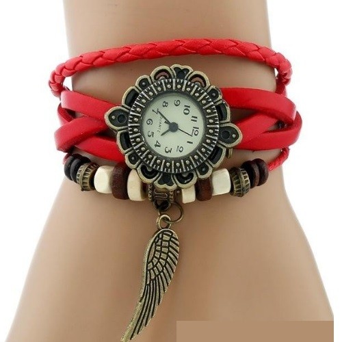  Kožené dámske náramkové hodinky Angel wings, červené