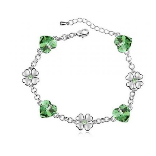  Náramok srdiečko a ďatelina, Peridot zelená, zdobený kryštálmi Swarovski