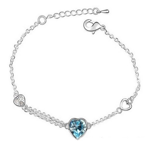  Náramok s príveskom srdiečko, Aquamarine, zdobený kryštálmi Swarovski