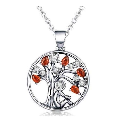 Strieborný náhrdelník s príveskom strom života, červená