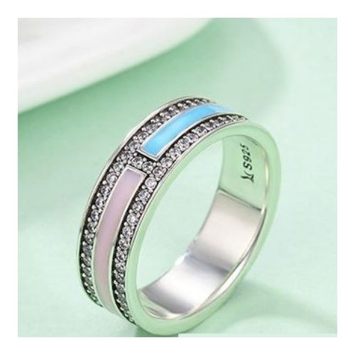 Strieborný prsteň s kamienkami, ružovo-modrý, veľkosť 8