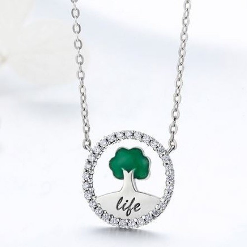Strieborný náhrdelník s kryštálmi, prívesok strom života, zelená