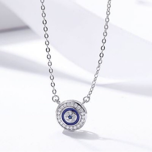 Strieborný náhrdelník s okrúhlym krištáľovým príveskom, modrý