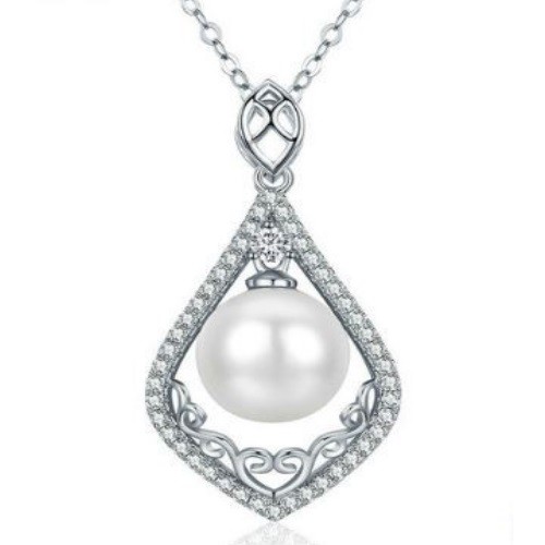 Strieborný náhrdelník s príveskom v tvare kvapky a perlou, biela