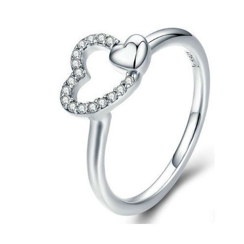 Strieborný prsteň s ozdobou dvojitého srdca, veľkosť 6