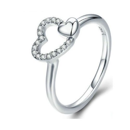 Strieborný prsteň s ozdobou dvojitého srdca, veľkosť 7