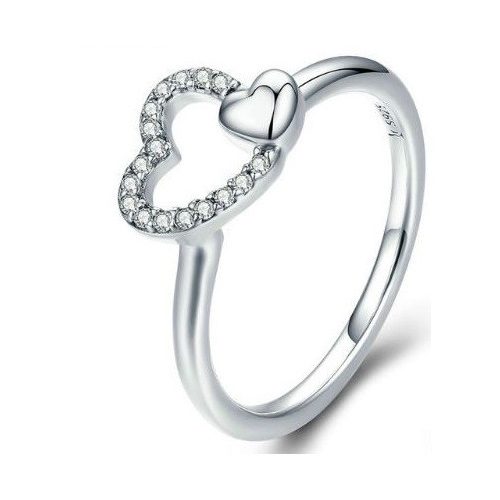 Strieborný prsteň s ozdobou dvojitého srdca, veľkosť 8