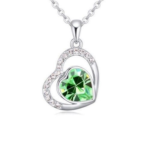 Náhrdelník s príveskom dvojité srdce, zdobený kryštálmi Swarovski, peridot