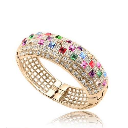 Extravagantný náramok zdobený kryštálmi Swarovski, zlatý, multicolor