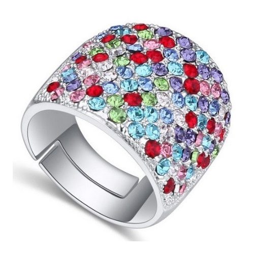 Prsteň striebornej farby, zdobený kryštálmi Swarovski, Multicolor